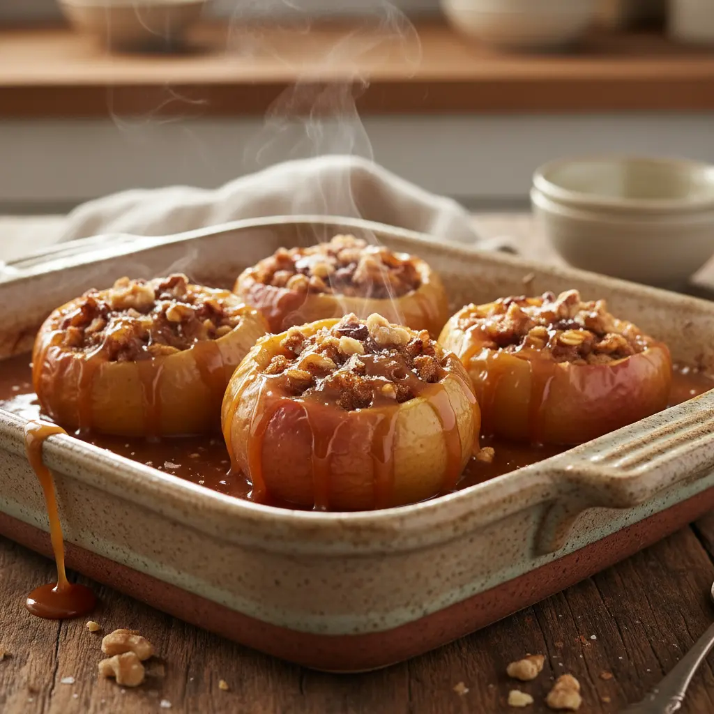 Manzanas horneadas con caramelo, recién salidas del horno, burbujeantes y doradas.