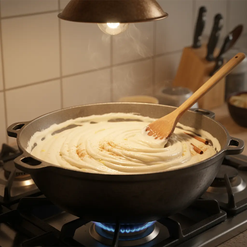 Majarete cubano: Cocción lenta en caldero Majarete cubano cremoso espesando en caldero, con cuchara de madera y aroma a maíz y canela.