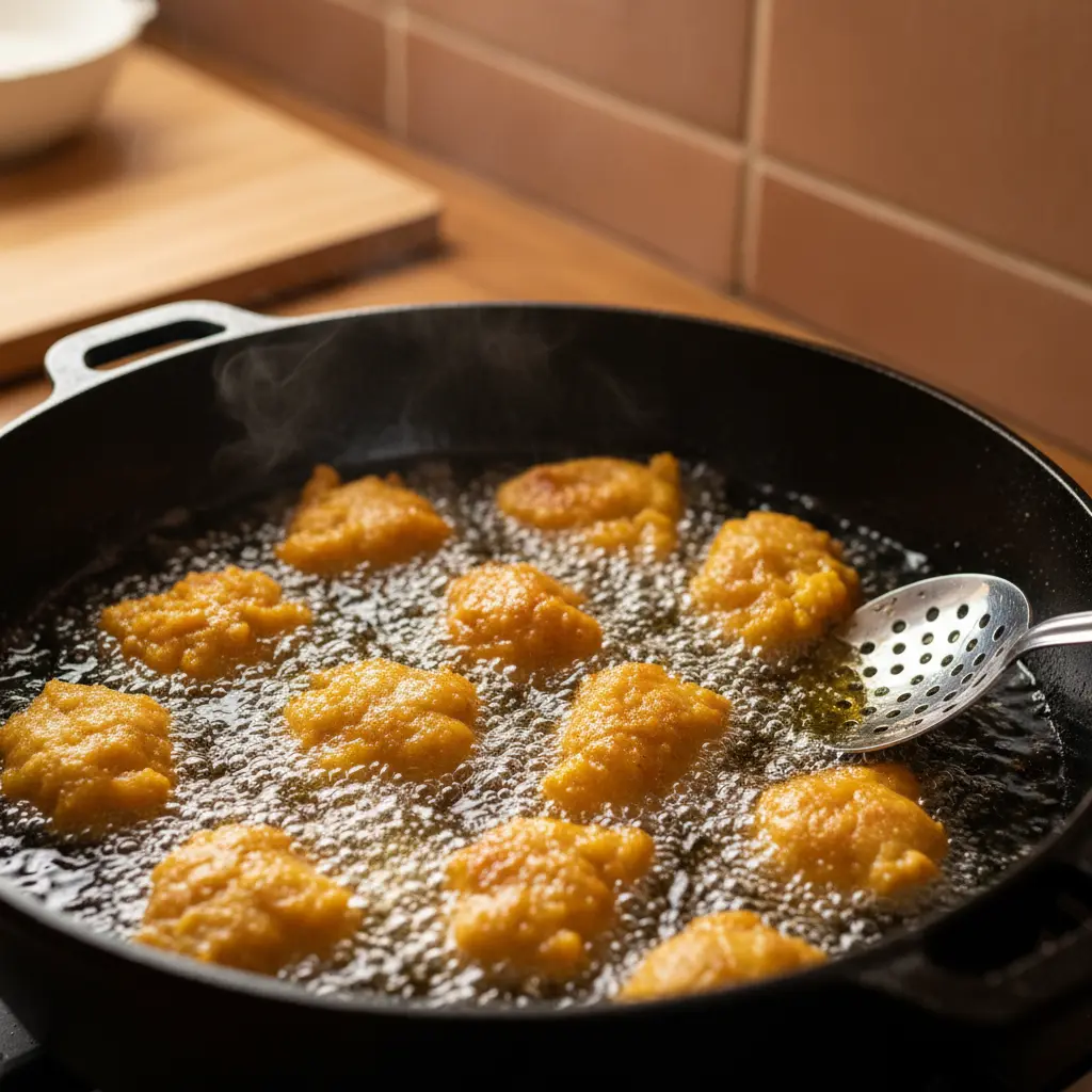 Frituras de calabaza doradas friéndose en aceite caliente en un caldero.