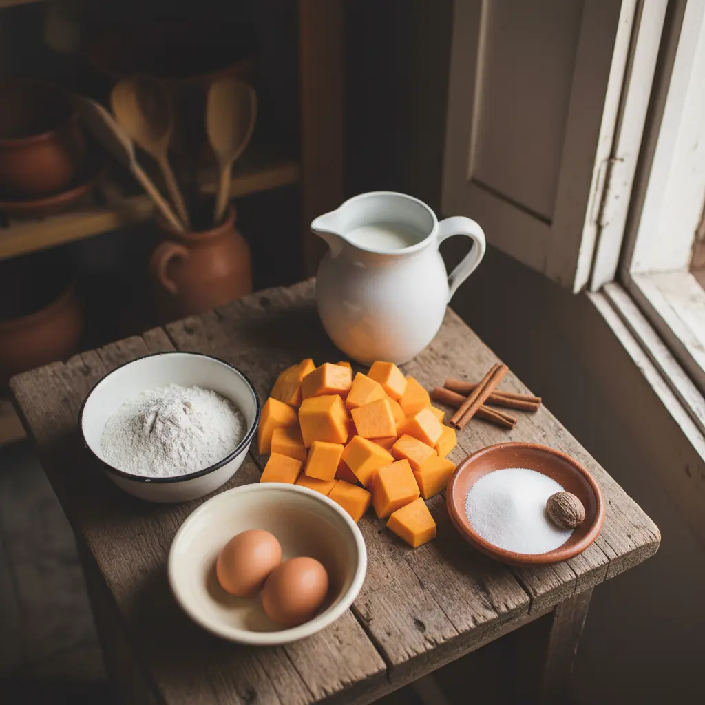 Ingredientes frescos para frituras de calabaza cubanas: calabaza, harina, azúcar, especias, huevos, leche.