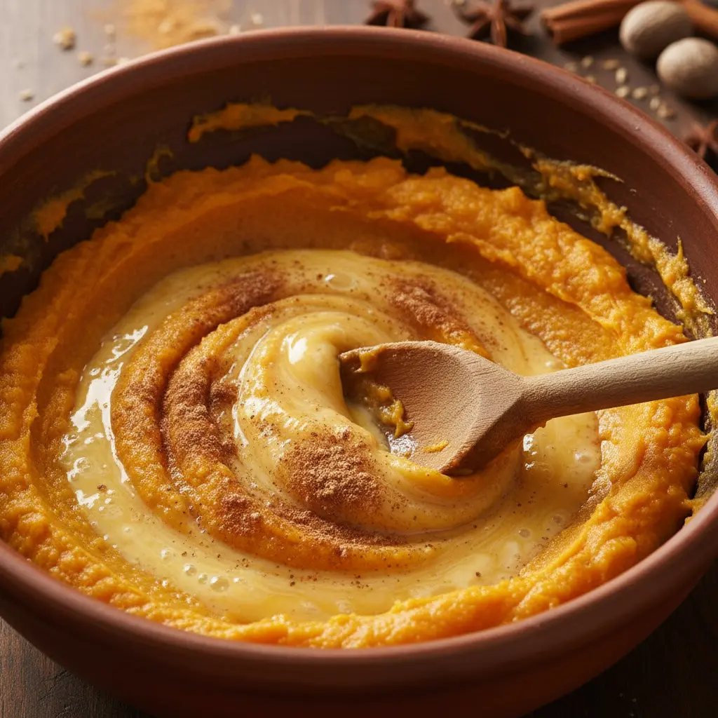 Mezcla de calabaza naranja con huevos y especias en cuenco rústico.