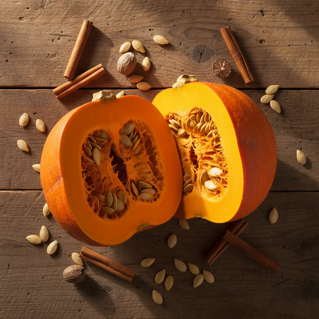 Calabaza de otoño: ingredientes para hornear Calabaza naranja cortada a la mitad, semillas, canela y nuez moscada en mesa rústica.
