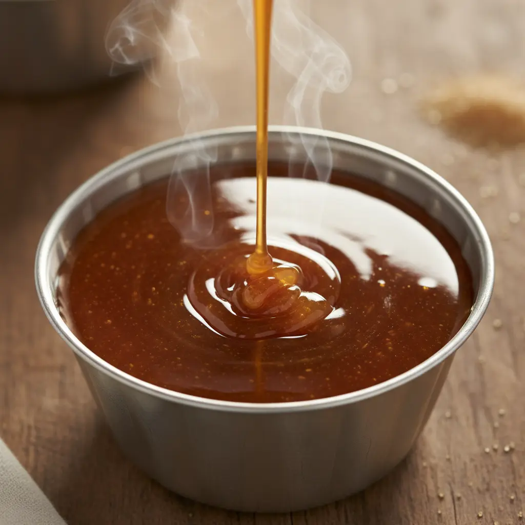 Vertiendo caramelo ámbar en molde de flan Caramelo líquido ámbar vertiéndose en molde flan metálico, brillo y vapor.