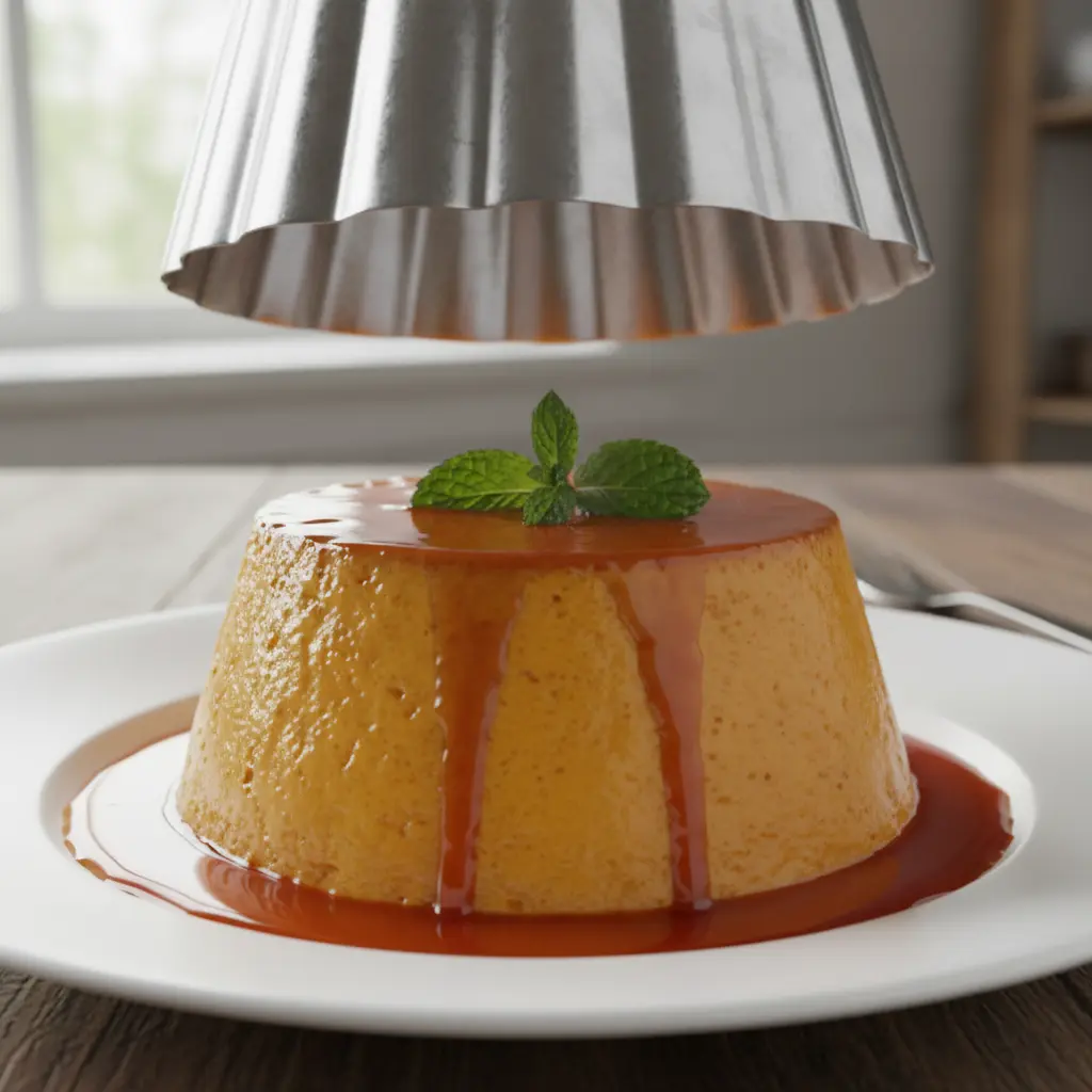 Delicioso Flan de Calabaza con Caramelo Flan de calabaza cremoso con caramelo cayendo, servido en plato blanco.