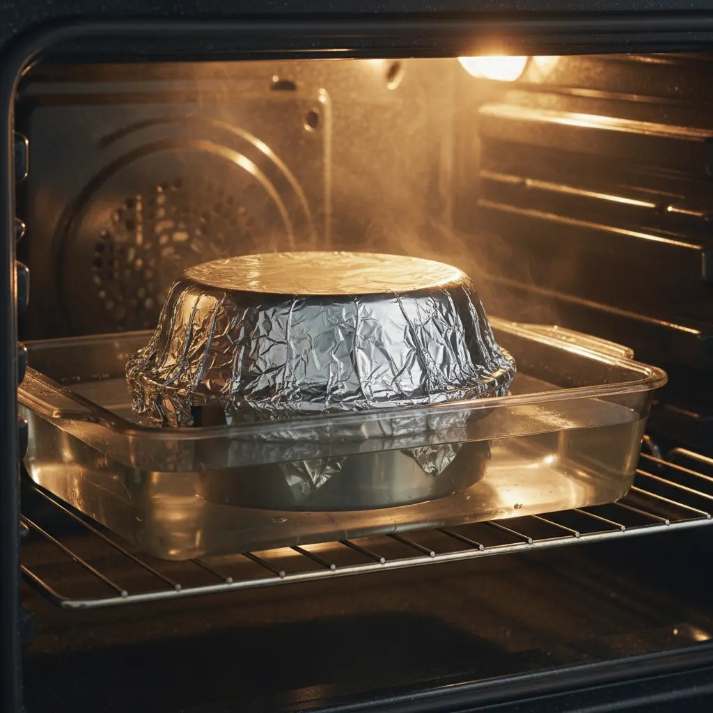 Preparación de flan al baño maría en horno Molde de flan en baño maría con agua caliente y vapor, listo para hornear.