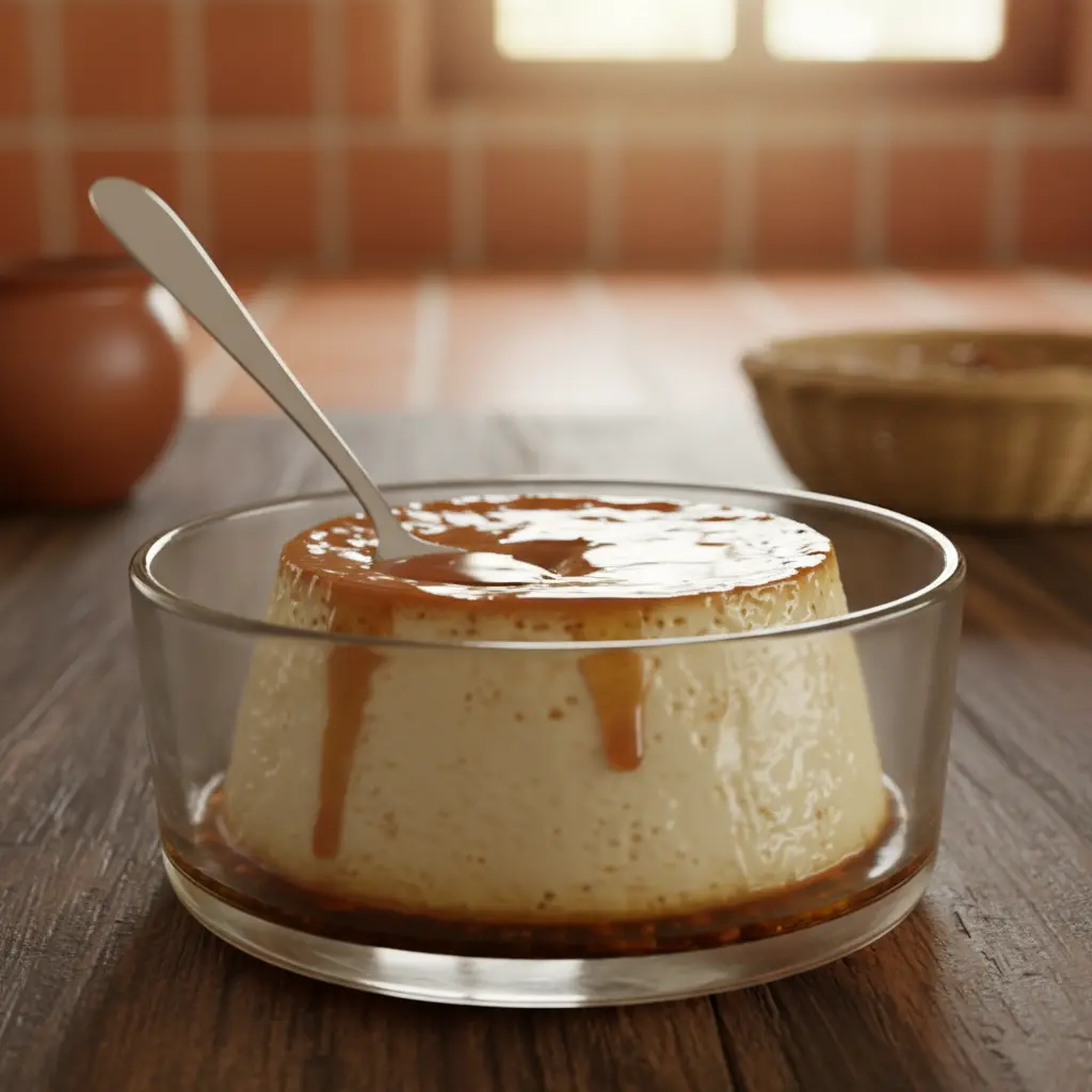 Flan de coco cubano cremoso con caramelo dorado en ramekin de vidrio.
