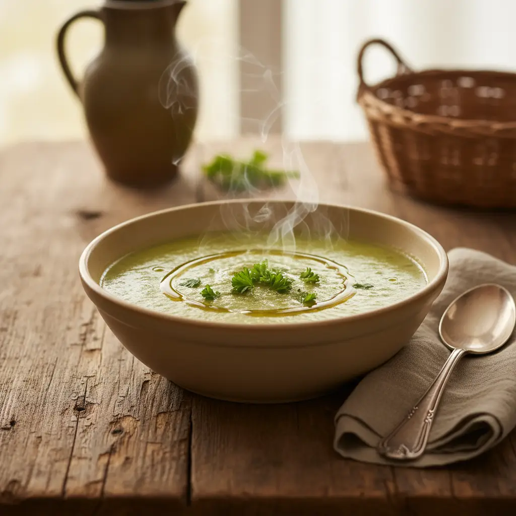 Crema de acelga humeante servida en un cuenco, decorada con perejil fresco.