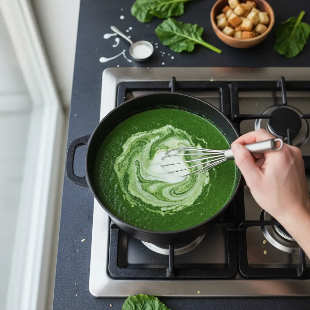 Incorporando leche a la crema de acelga para lograr una textura cremosa.