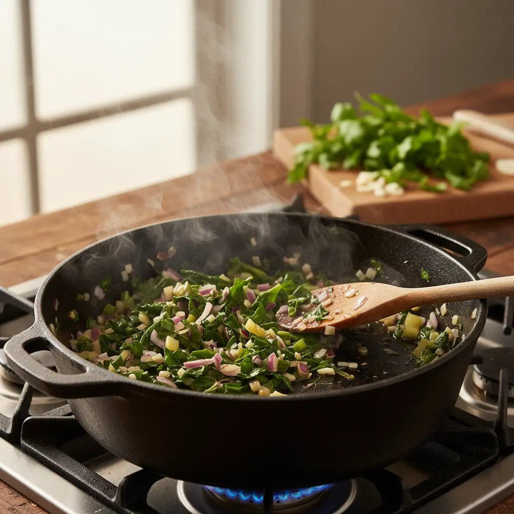 Sofrito de cebolla, ajo y tallos de acelga cocinándose en una olla.