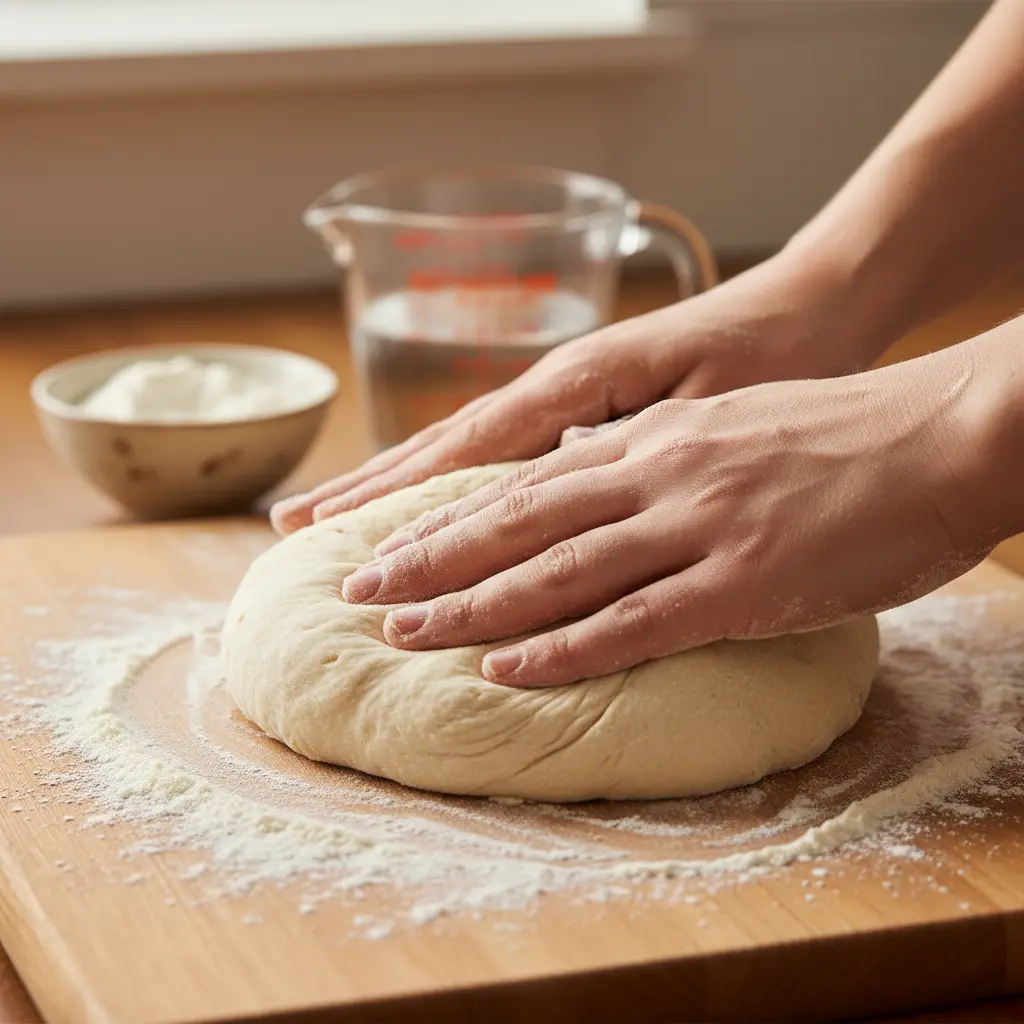 Masa de pizza elástica y suave amasándose en superficie enharinada. Manos doblan y estiran.
