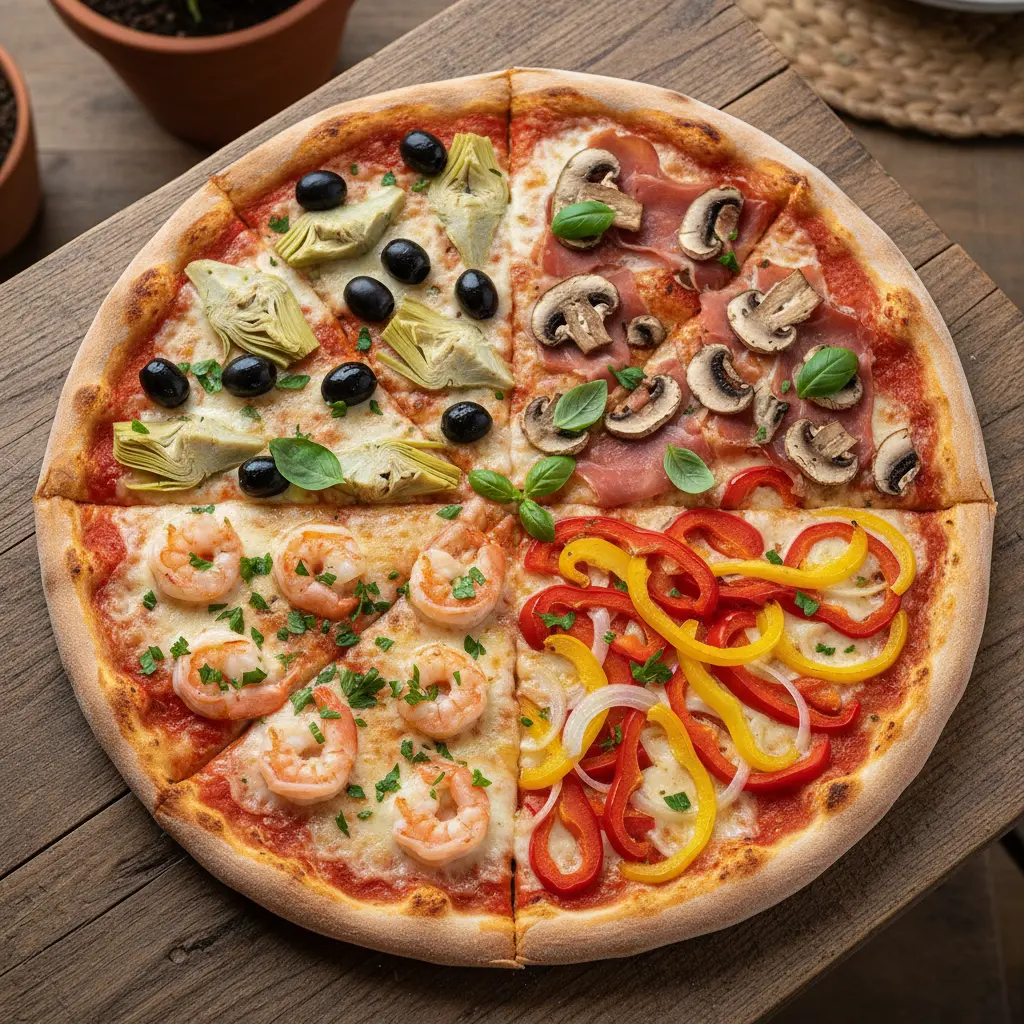 Pizza cuatro estaciones con alcachofas, champiñones, pimientos y gambas en mesa rústica.