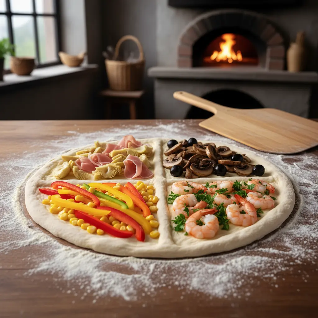 Pizza dividida en 4 con ingredientes: alcachofa/jamón, champiñones/aceitunas, pimientos/maíz, camarones/perejil.