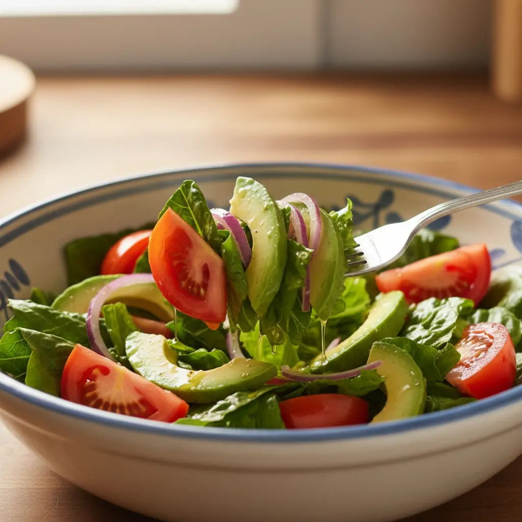 Ensalada cubana ligera con tomate, lechuga y aguacate, aderezada con aceite y vinagre.