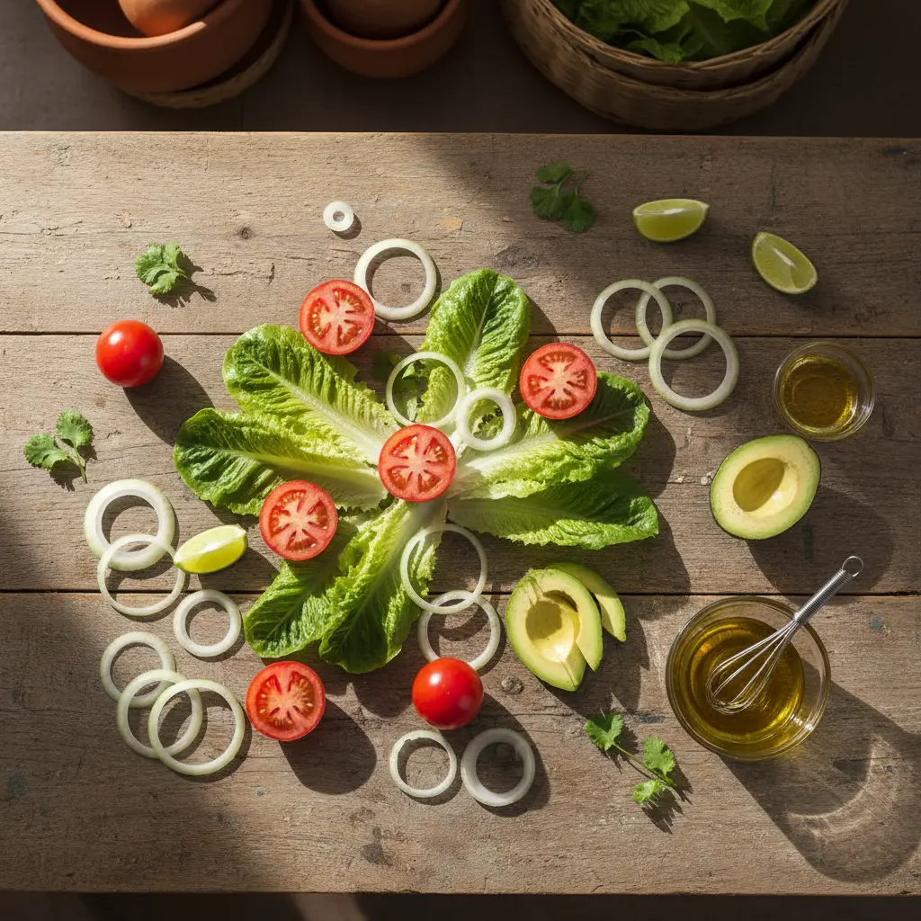 Vista aérea de ingredientes frescos para ensalada cubana ligera: tomates, lechuga, cebolla, aguacate y aderezo.