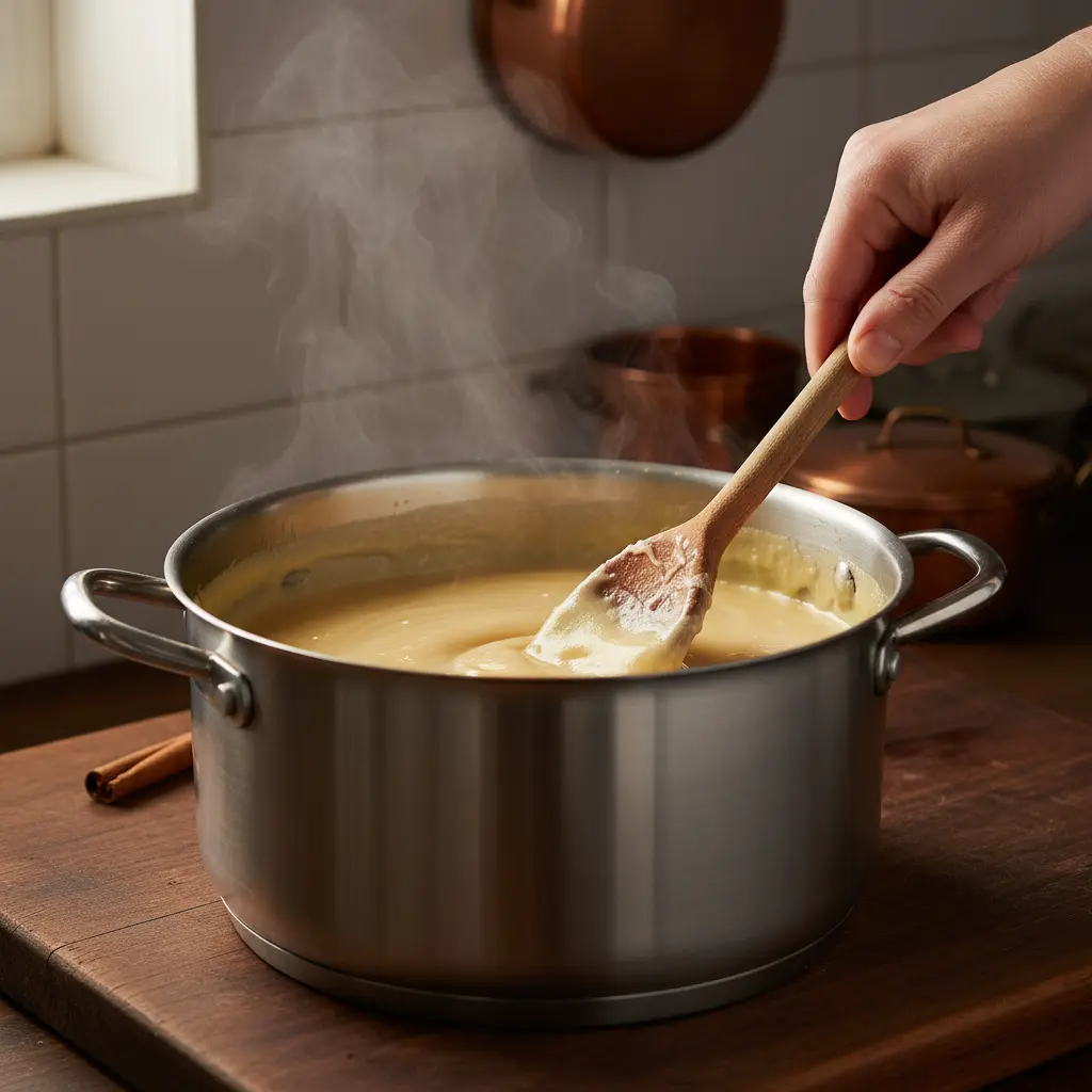 Leche Quemada Cubana: Cocción Lenta y Deliciosa Leche quemada cubana espesando en olla con canela y cuchara de madera.