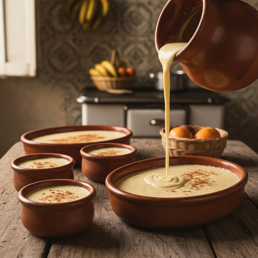 Leche Quemada Cubana: Postre Tradicional Cremoso Postre cubano leche quemada cremoso en ramequines y plato, con canela, mesa rústica.