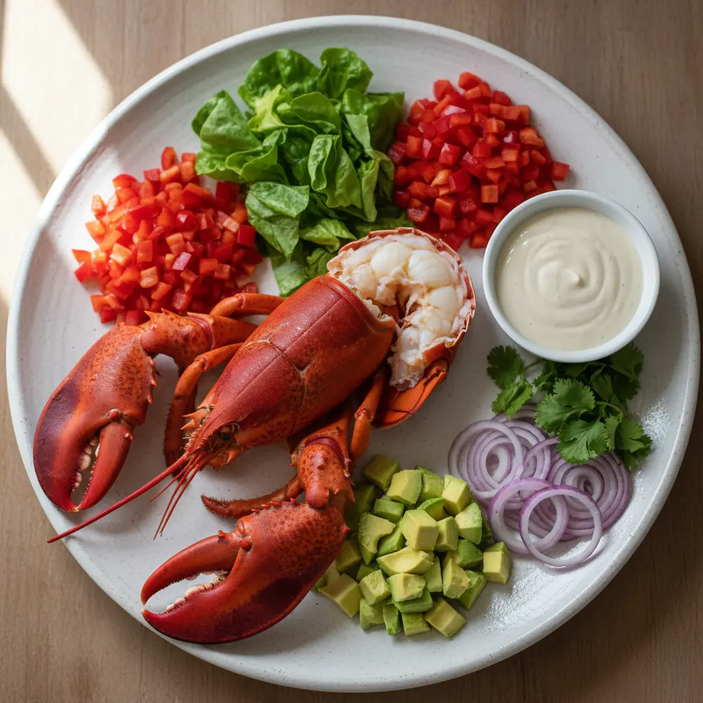 Ensalada de langosta Varadero: langosta, aguacate, pimiento rojo, cebolla, cilantro, lechuga.