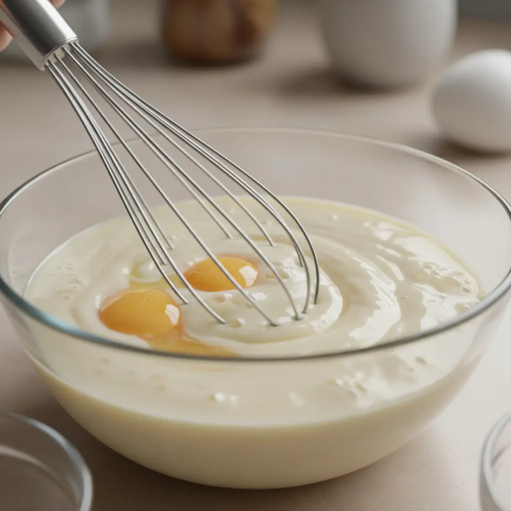 Mezcla cremosa de huevos, leche y azúcar Batidor de acero inoxidable mezclando huevos en leche y azúcar, creando emulsión cremosa.