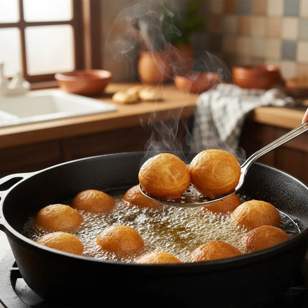 Buñuelos de Leche Crujientes Recién Hechos Buñuelos de leche dorados friéndose en aceite caliente, listos para servir.