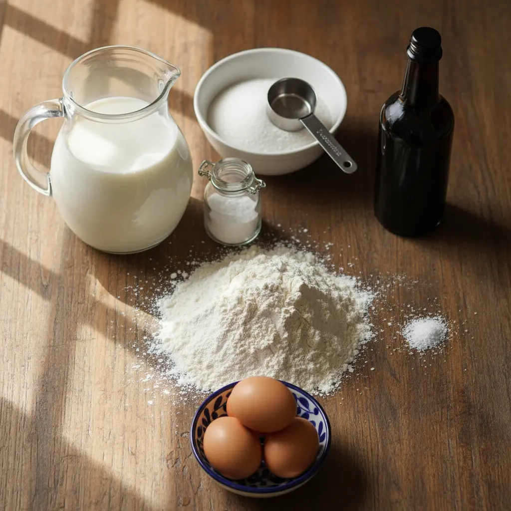 Ingredientes para Buñuelos de Leche Cubanos Ingredientes frescos para buñuelos de leche cubanos: leche, azúcar, harina, huevos, levadura, sal, vainilla.