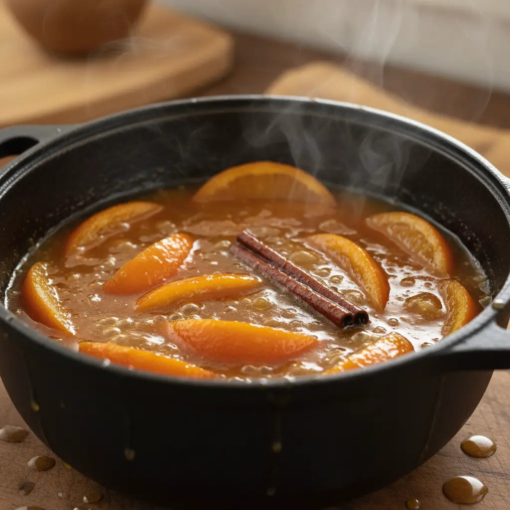Cascos de naranja cocinándose en almíbar espeso con canela.