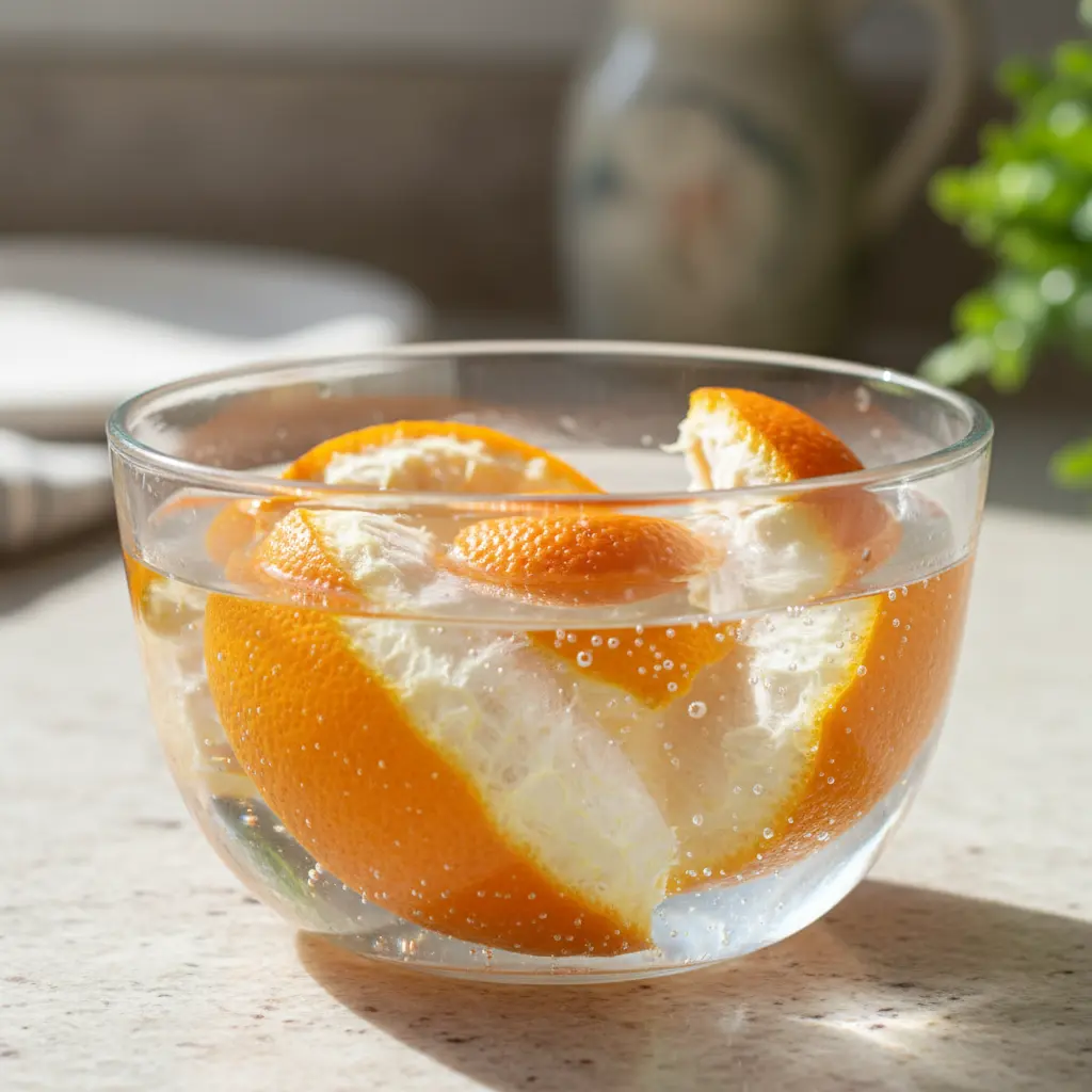 Gajos de naranja en 'cascos' con cáscara y médula blanca en agua clara