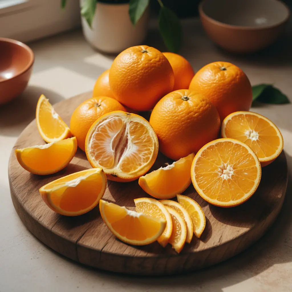 Naranjas frescas enteras y en rodajas en tabla de madera rústica, luz natural.