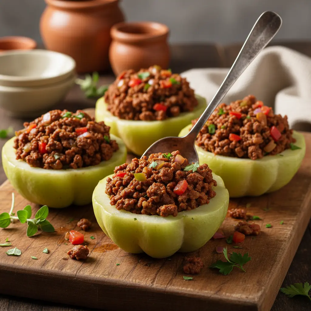 Chayotes rellenos de carne molida sazonada en cocina rústica, primer plano.