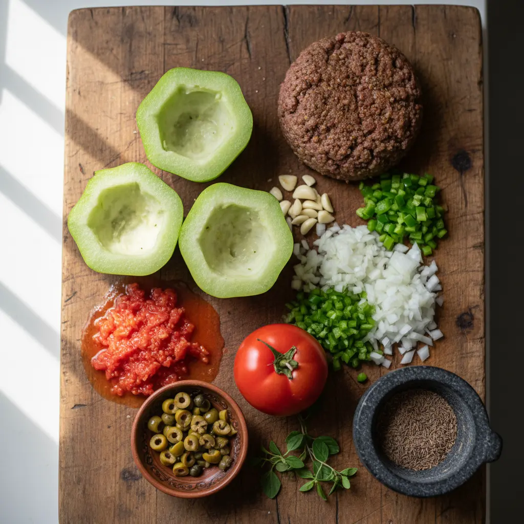 Ingredientes frescos para chayotes rellenos cubanos: chayotes verdes, carne molida, cebolla, pimiento, ajo, tomate, aceitunas, alcaparras, orégano y comino.