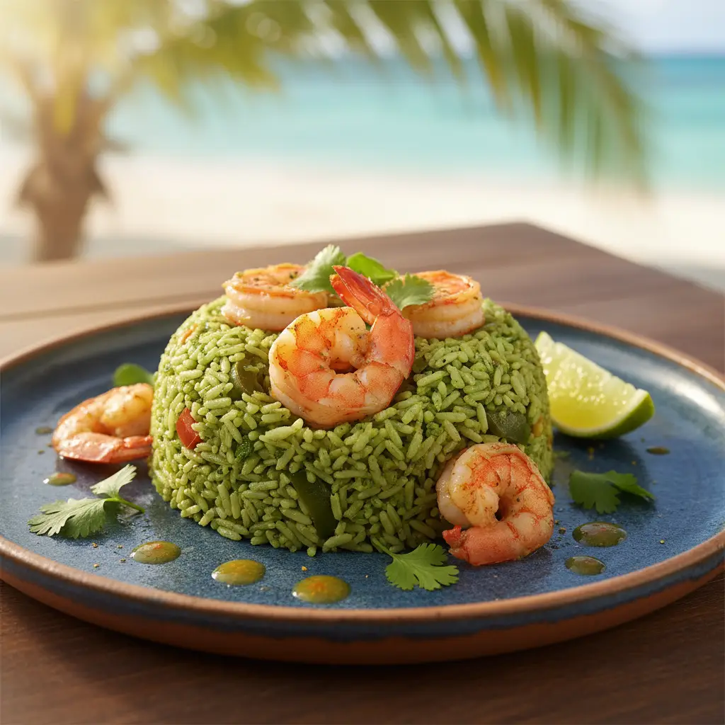 Arroz verde con camarones, plato principal caribeño con camarones y arroz teñido de verde.