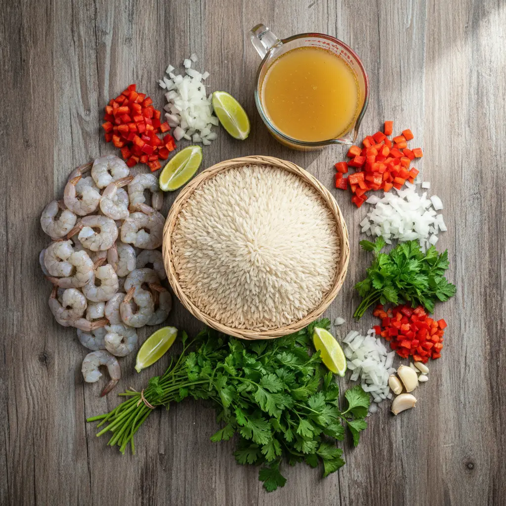 Ingredientes frescos para arroz verde con camarones: camarones, arroz, hierbas, vegetales.