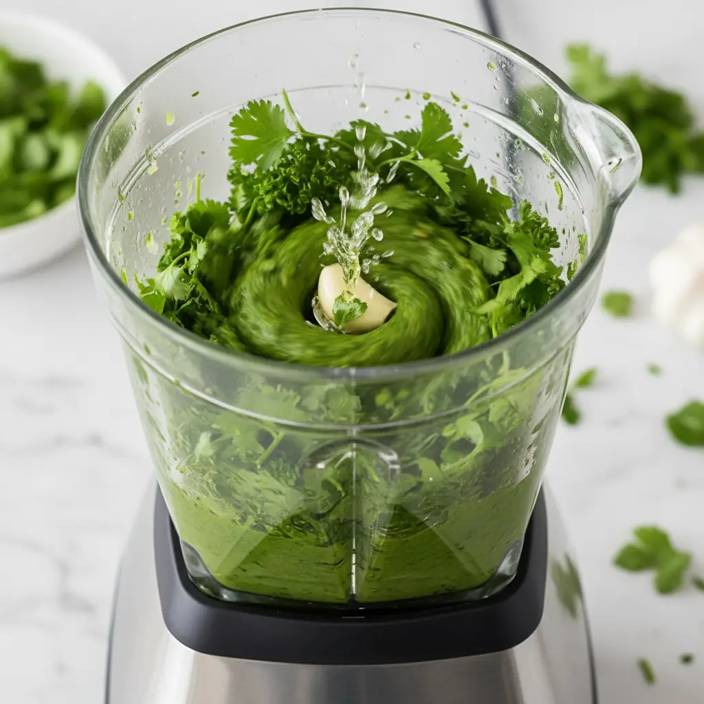 Licuadora preparando la base verde de cilantro y perejil para el arroz.