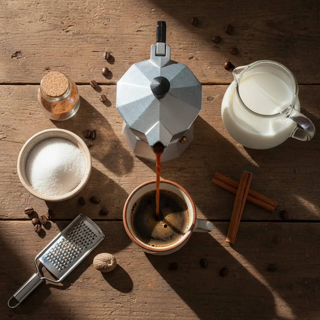 Ingredientes para capuchino cubano: cafetera, leche, azúcar, canela y nuez moscada.