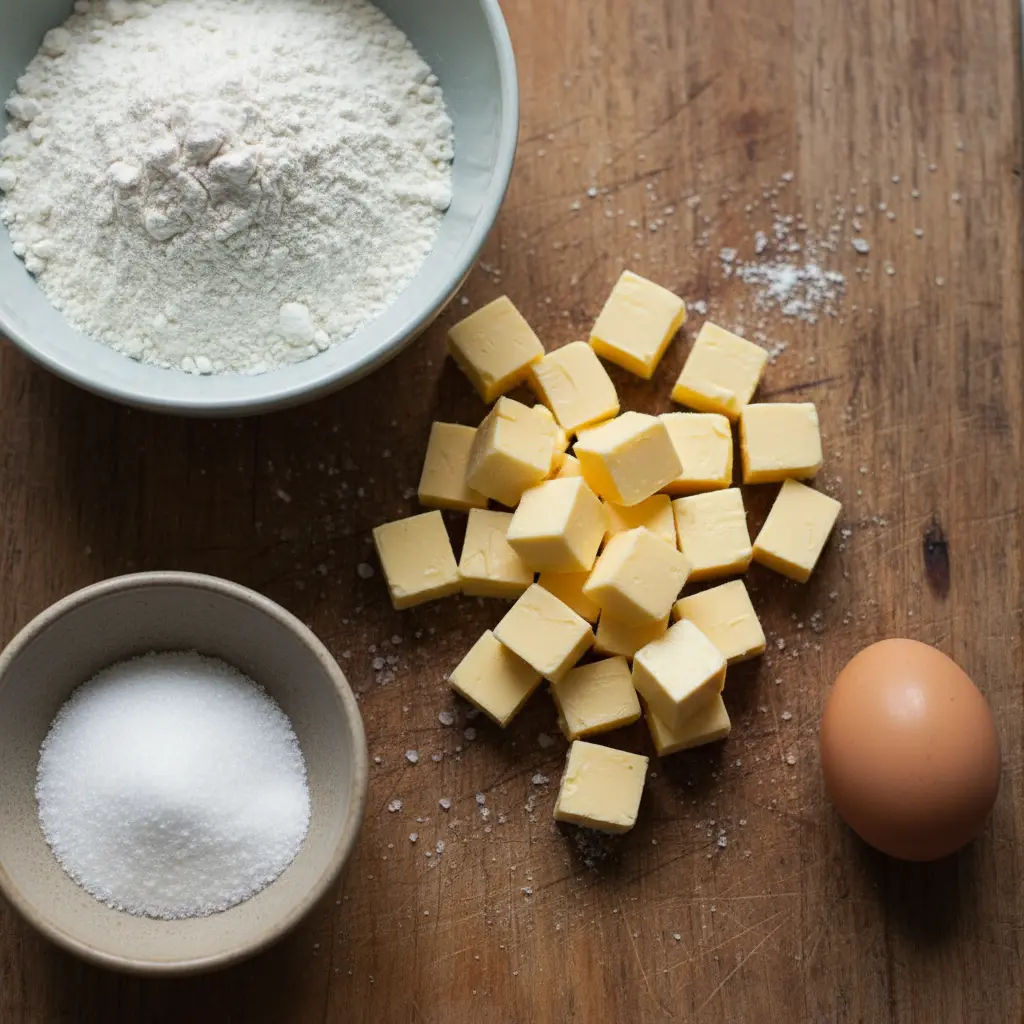 Ingredientes para masa de pastel cubano: harina, azúcar, sal, mantequilla fría y huevo.