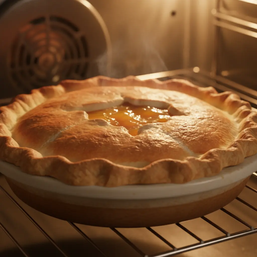 Tarta cubana parcialmente horneada con costra dorada y relleno de mango burbujeante.