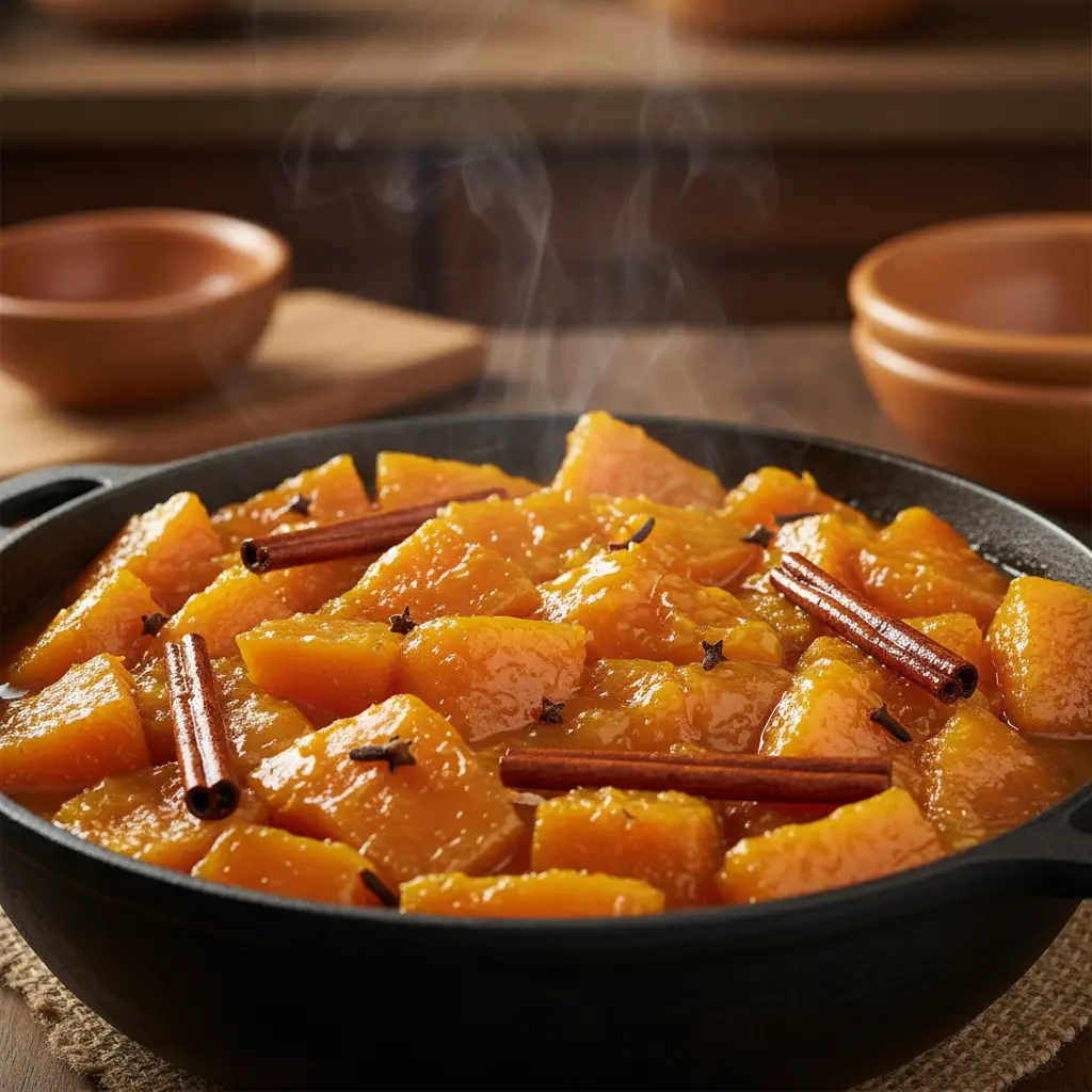 Calabaza cubana en almíbar: dulce casero Calabaza cocida en almíbar de canela y clavo en caldero cubano