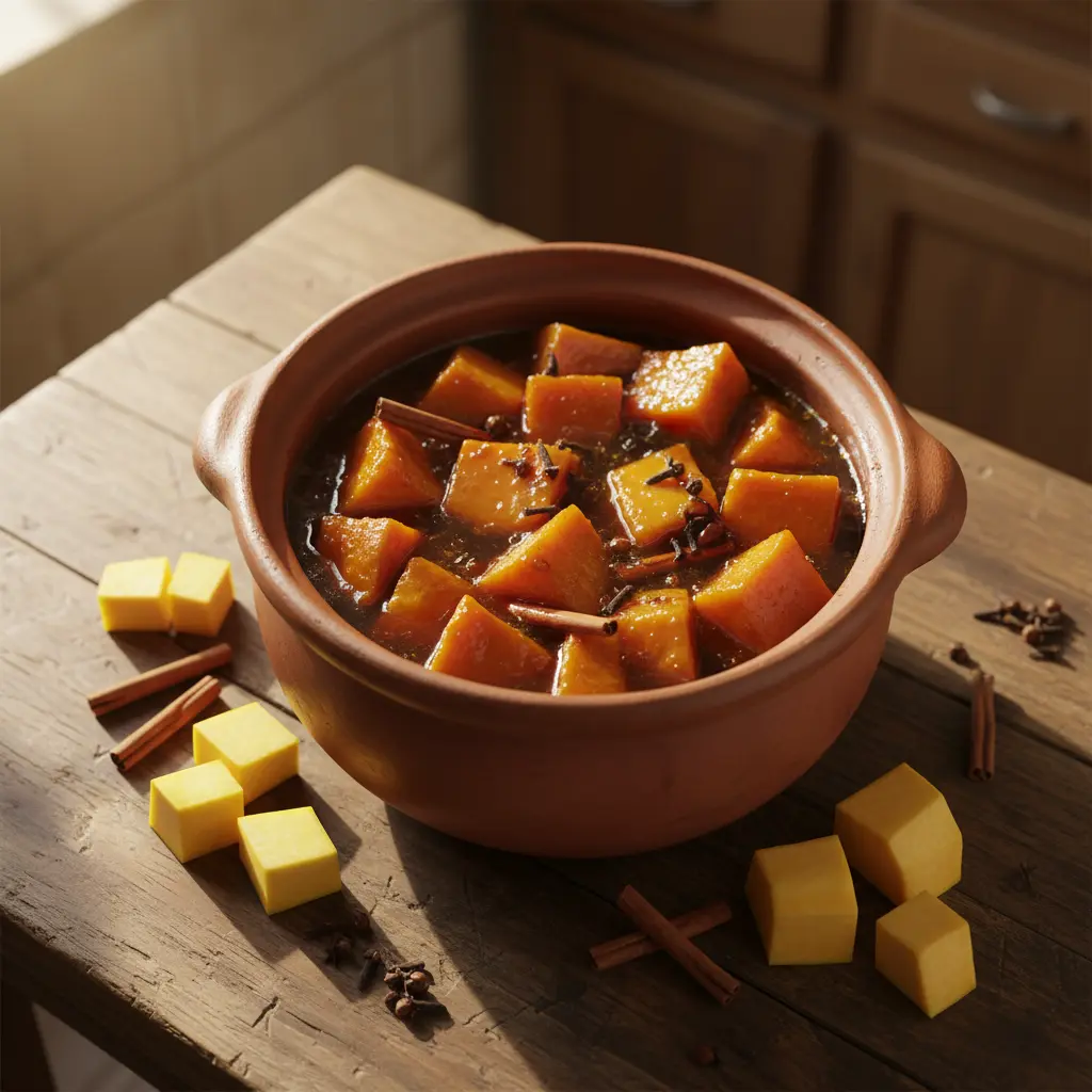 Calabaza cubana en almíbar: receta tradicional Olla cubana rústica con calabaza dulce en almíbar de canela y clavo.