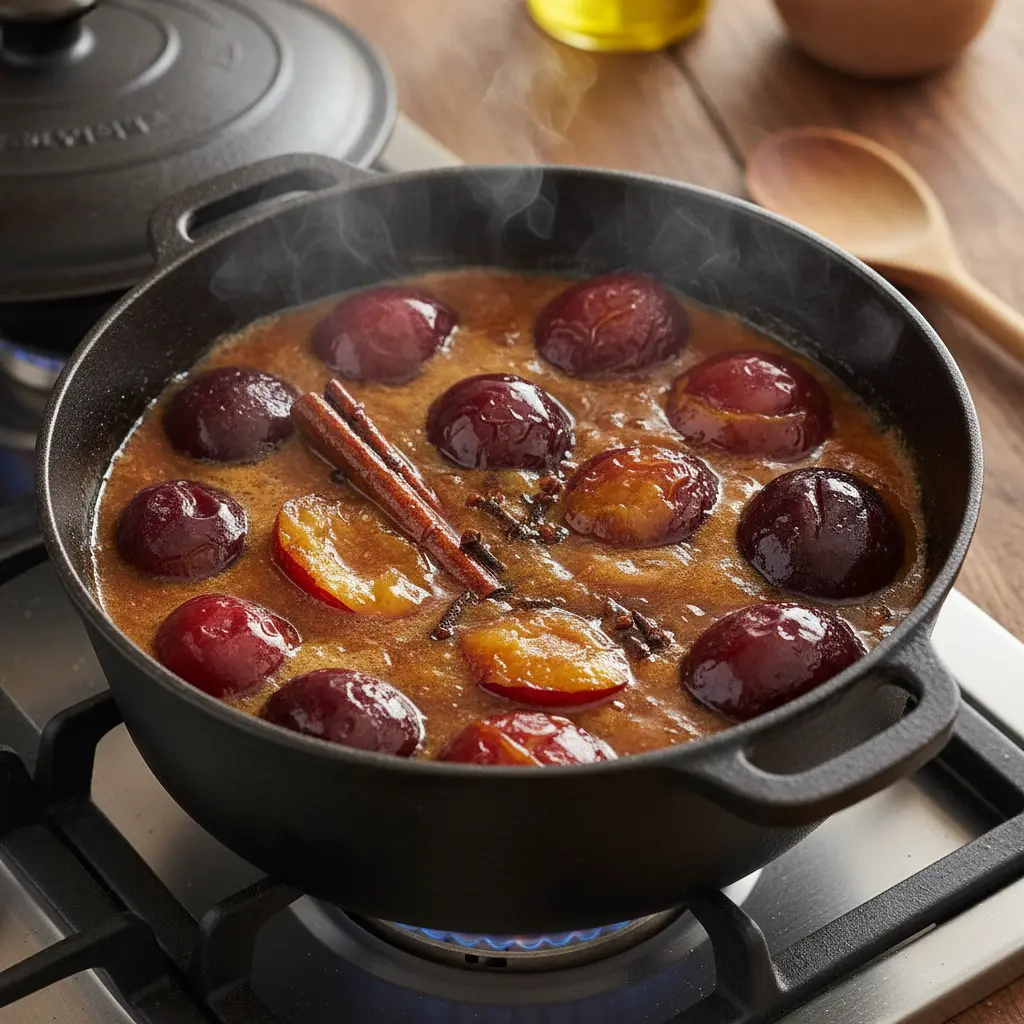 Ciruelas cocinándose en almíbar espeso y brillante con canela y clavo.