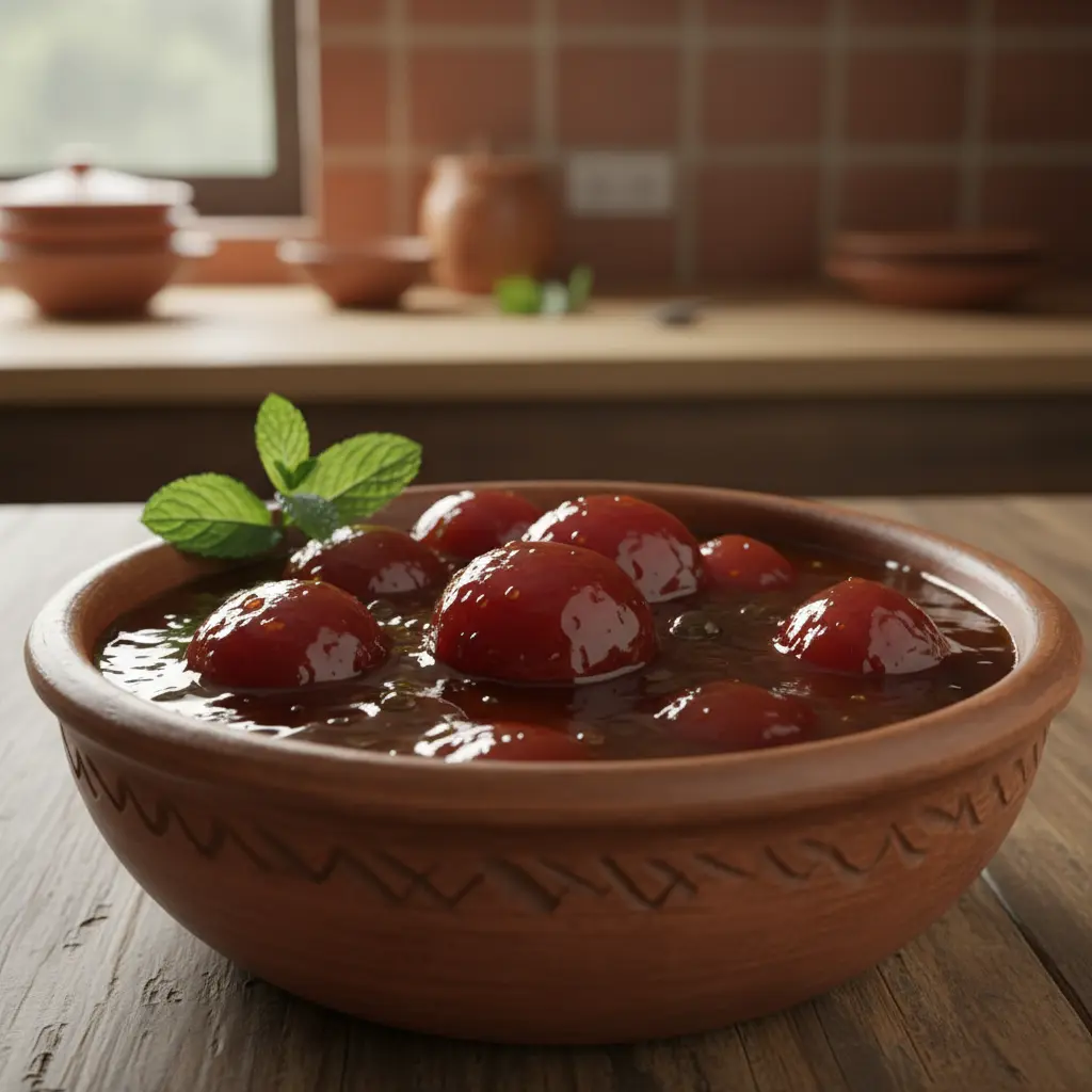 Dulce de ciruela cubano rojo intenso en cuenco rústico con menta fresca.