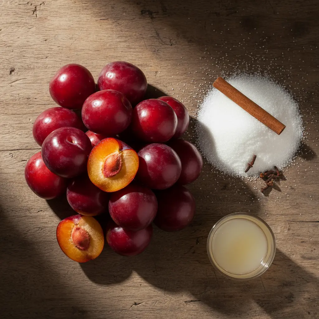 Ingredientes frescos para dulce de ciruela cubano: ciruelas rojas, azúcar, canela, clavo y cítricos.