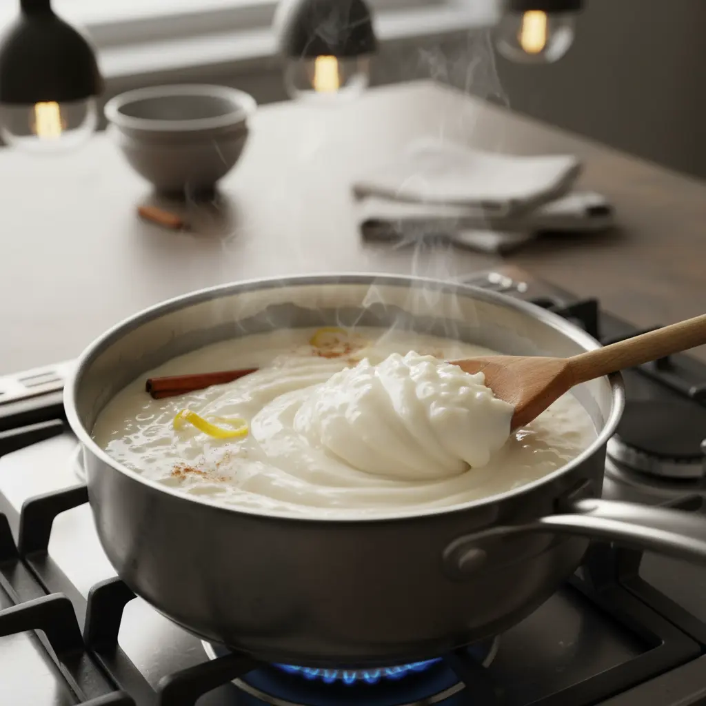 Arroz con leche cremoso cocinándose a fuego lento en olla con canela y limón.