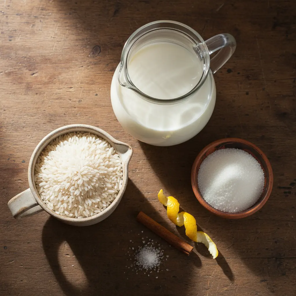Ingredientes crudos para arroz con leche cubano: arroz, leche, azúcar, canela y limón.