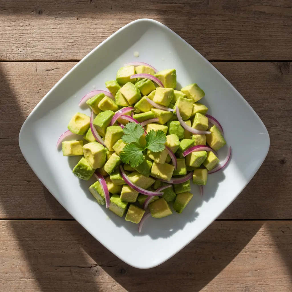 Ensalada cubana de aguacate con cebolla roja y cilantro fresco, vista cenital.