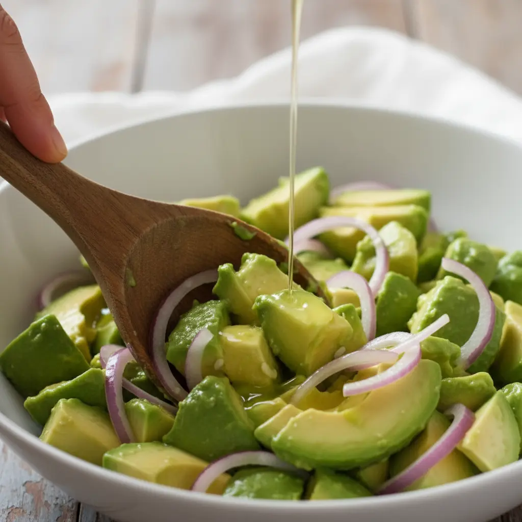 Ensalada cubana de aguacate cremosa mezclándose con cebolla roja y lima.