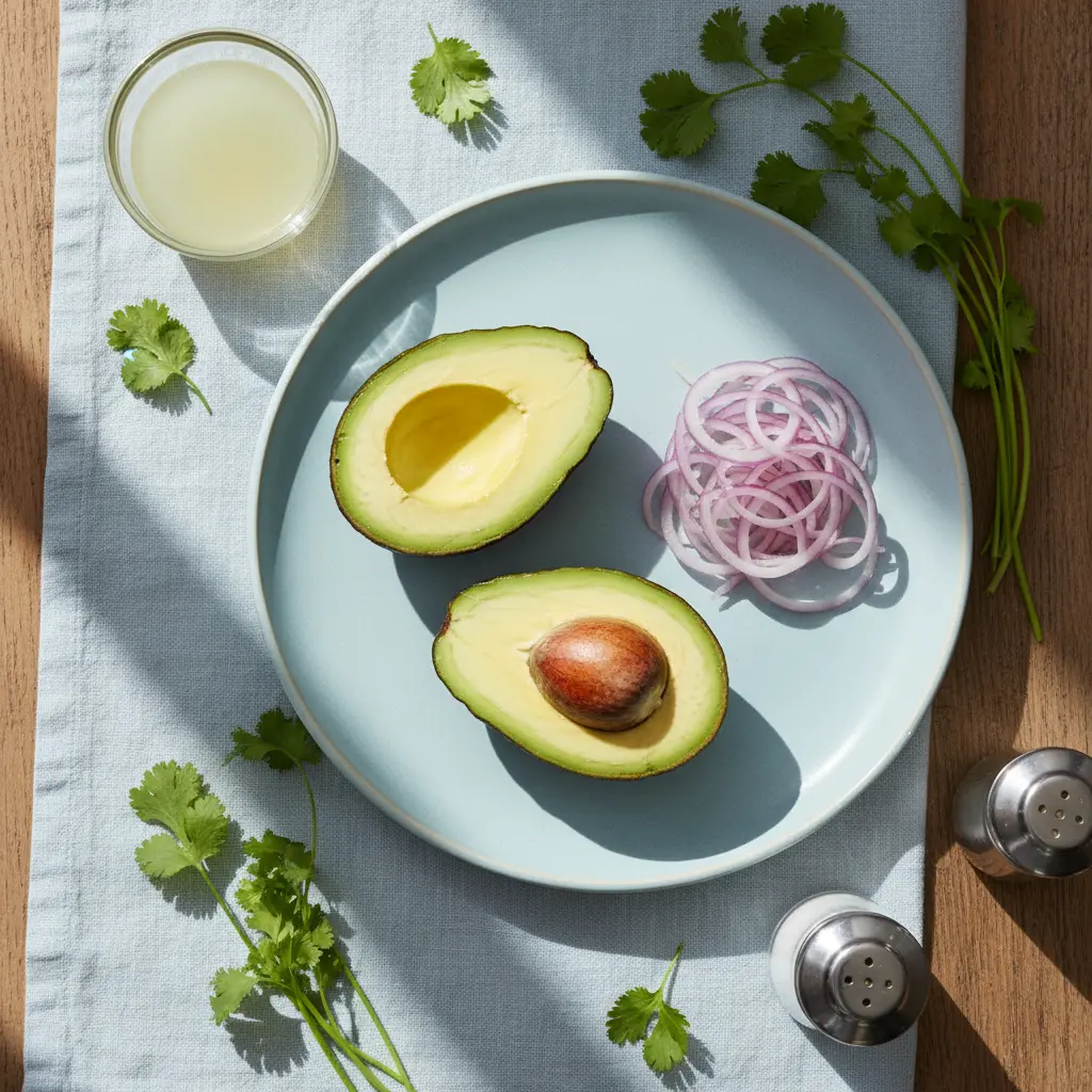 Ingredientes frescos para ensalada cubana de aguacate: aguacates, cebolla morada, lima, cilantro.