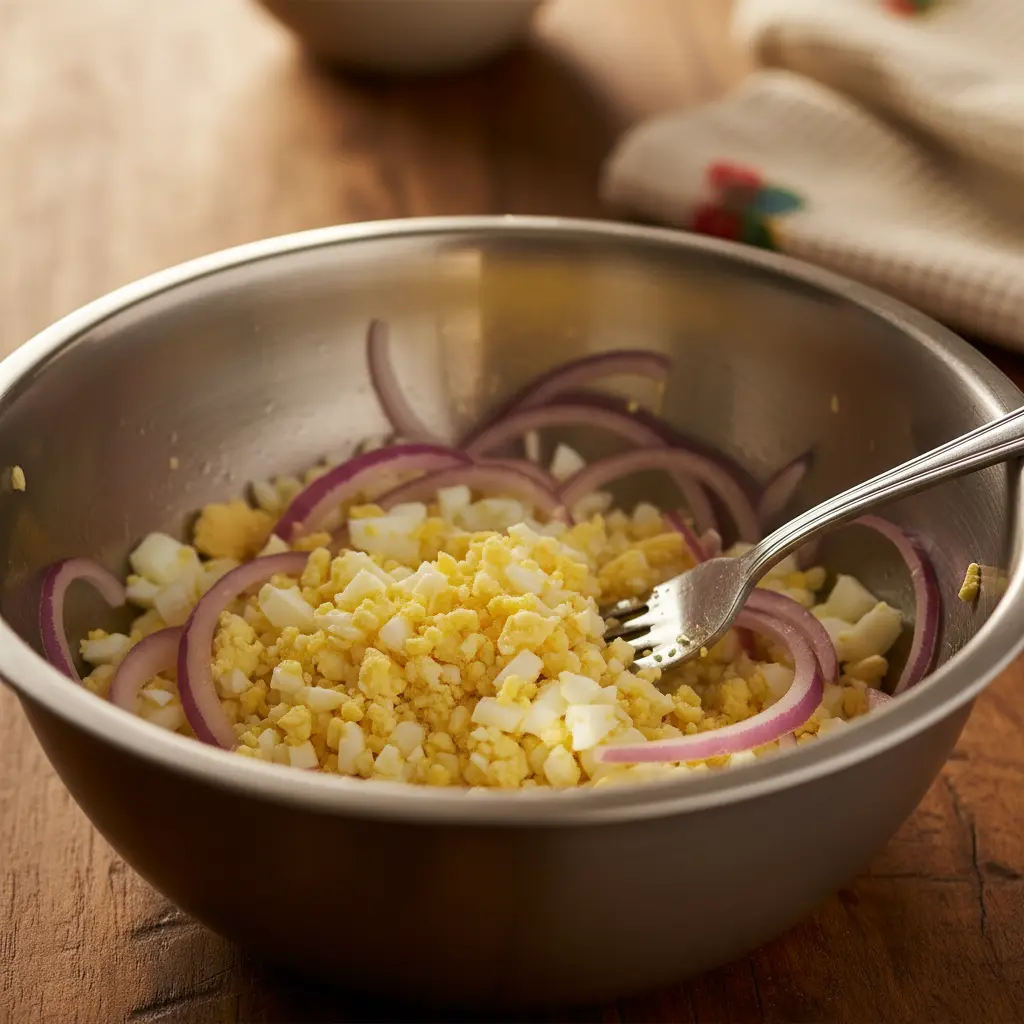 Huevo duro picado y cebolla roja en bol de acero. Cocina cubana.