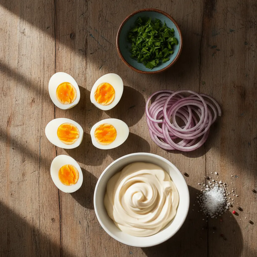 Ingredientes frescos para ensalada cubana de huevo y cebolla: huevos duros, cebolla roja, mayonesa, perejil, sal y pimienta.