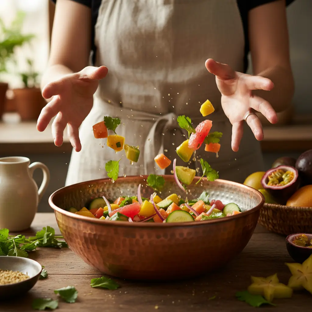 Chef mezclando ensalada cubana tropical con aderezo suave en bol grande