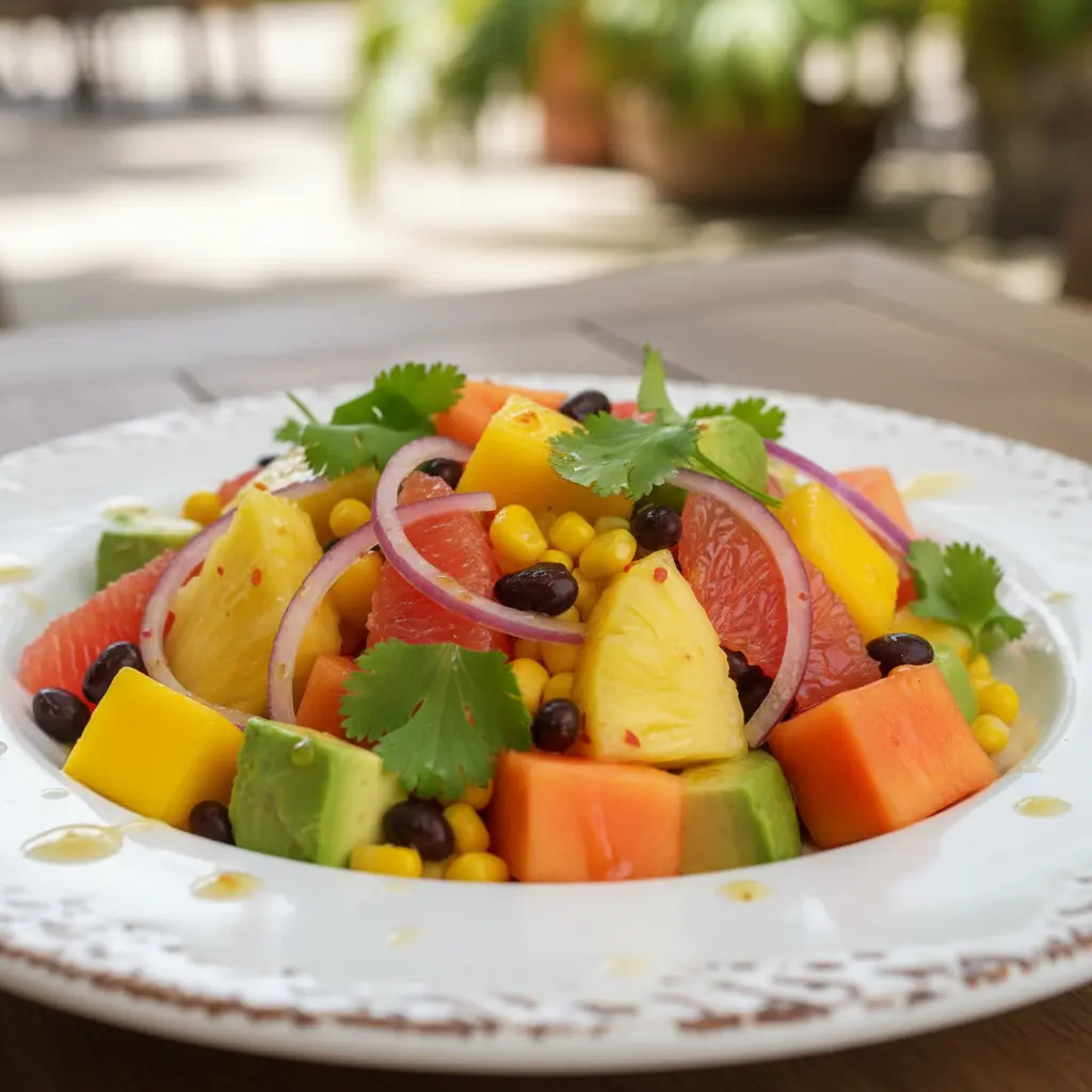 Ensalada cubana tropical bellamente emplatada con cilantro fresco y vinagreta ligera