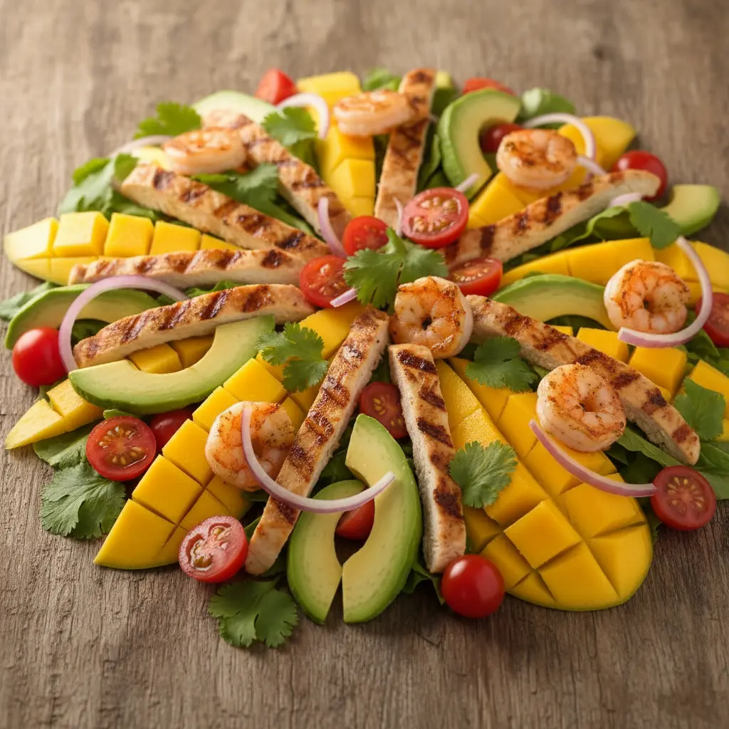 Ensalada cubana tropical con mango, aguacate, tomate, cebolla, cilantro y camarones a la parrilla.